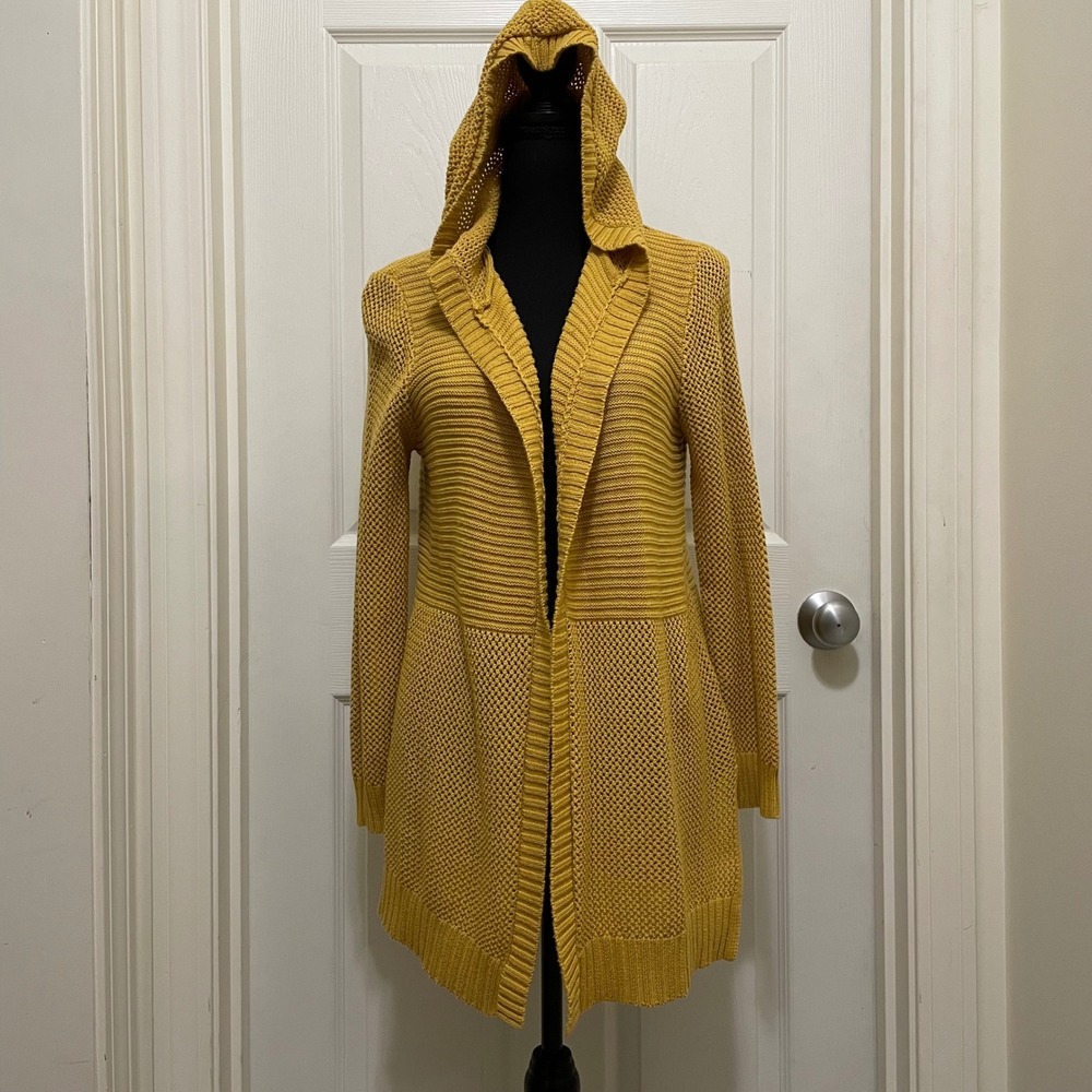 Marled Reunited Open Front Hooded Cardigan‎ Knit Sweater Yellow Cotton Blend M